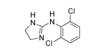 The chemical structure of clonidine, a drug commonly used to address Tourette's