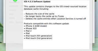 ipswDownloader showing the official release notes for iOS 4.3.3, the latest release from Apple