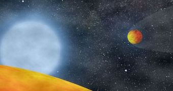 This rendition shows the two worlds that now orbit the bloated star KIC 05807616