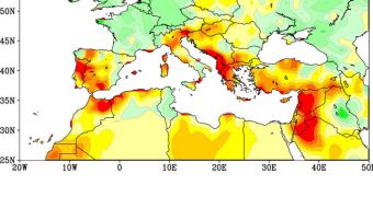 Reds and oranges highlight lands around the Mediterranean that experienced significantly drier winters during 1971-2010 than the comparison period of 1902-2010