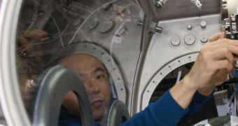 Japanese astronaut Satoshi Furukawa installing SODI-Colloid experiment into Microgravity Science Glovebox