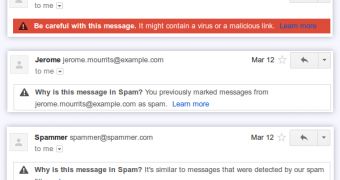 Some of the explanations you'll see next to spam messages in Gmail