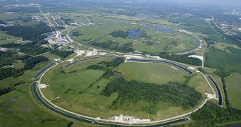 Aerial view of the now-closed Tevatron, at Fermilab
