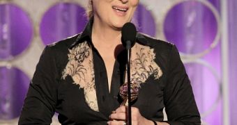 Meryl Streep accepts the award for Best Actress, Drama at the Golden Globes 2012