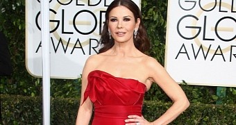 Catherine Zeta-Jones in a dramatic red dress at the Golden Globes 2015