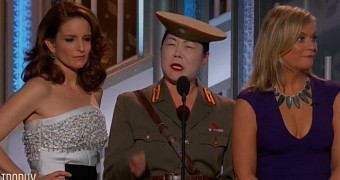 Tina Fey, Margaret Cho and Amy Poehler during comedy skit at the Golden Globes 2015