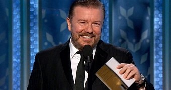A probably tipsy Ricky Gervais giggles his way through his presenting duties at the Golden Globes 2015