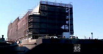 One of the barges is being constructed in the San Francisco Bay