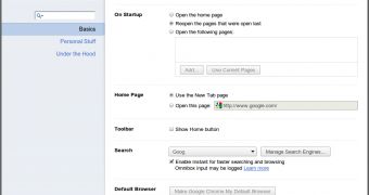 The in-tab Settings page in Google Chrome 10
