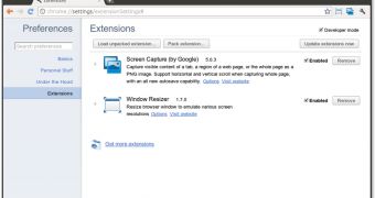Google Chrome integrated extensions settings page