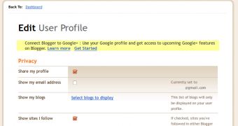 Blogger is notifying users to kink up to their Google+ profiles