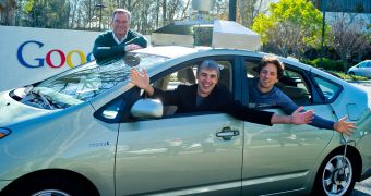 Eric Schmidt, Larry Page and Sergey Brin in one of the first self-driving cars