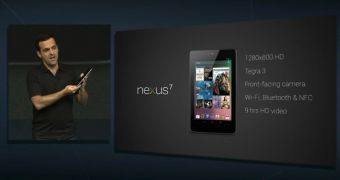 The Nexus 7 tablet during the Google I/O 2012 day 1 keynote speech