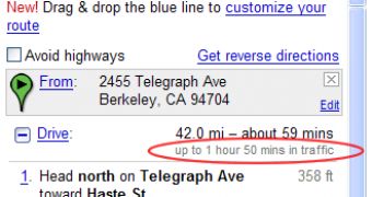 Google Maps used to display a duration estimate based on traffic data