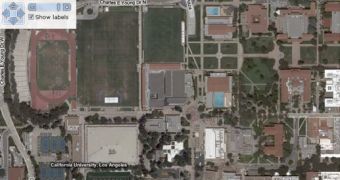 A shot of the UCLA campus using a Virtual Earth aerial photo (hybrid) map