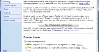 The new privacy settings page in the Google Toolbar 7 for IE
