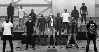 Beyonce and her backup choir made of “real man” rehearse for the closing act at the Grammys 2015