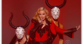 Madonna is a bullfighter on stage at the Grammys 2015, during performance of “Living for Love”