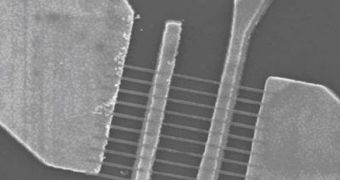 This scanning electron microscope image shows graphene nanoribbons that are 22 nanometers wide between the middle electrode pair