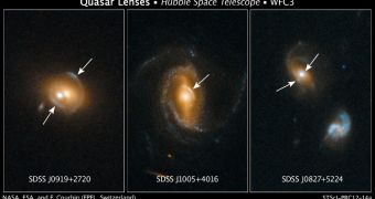 Astronomers using Hubble have found several examples of galaxies containing quasars, which act as gravitational lenses, amplifying and distorting images of galaxies aligned behind them