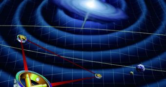Artist's rendition of LISA in Sun's orbit, hunting for gravitational waves