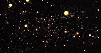 This artist’s cartoon view gives an impression of how common planets are around the stars in the Milky Way. Many other exoplanets may be flying in the empty spaces between these star systems