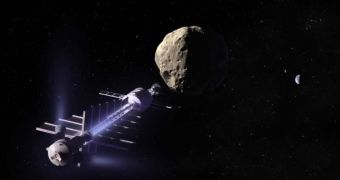 Artistic impression of a gravity tractor working to deflect an asteroid from a potentially threatening trajectory