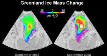 Changes in Greenland's ice mass as measured by NASA's Gravity Recovery and Climate Experiment (Grace) mission between September 2005 (left) and September 2008 (right)