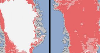 Extent of surface melt over Greenland's ice sheet on July 8, 2012 (left) and July 12, 2012 (right)