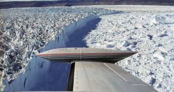 This image shows the calving face of Greenland's Jakobshavn Isbrae glacier