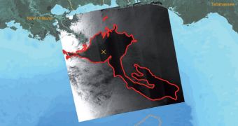 Envisat ASAR image showing the extent of the oil spill (outlined in red) in the Gulf of Mexico