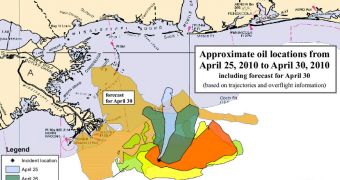 Approximate oil locations from April 25, 2010 to April 30, 2010 including forecast for April 30, based on trajectories and overflight information