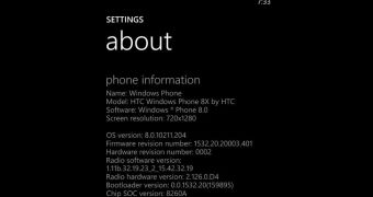 HTC 8X "About phone" (screenshot)
