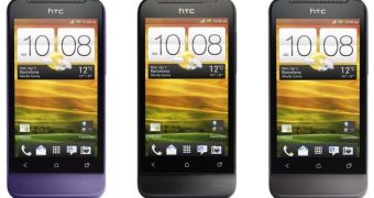 HTC One V in purple, black and grey