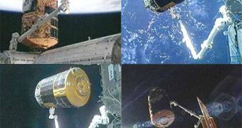Photos of the HTV being guided away by the ISS' robotic arm