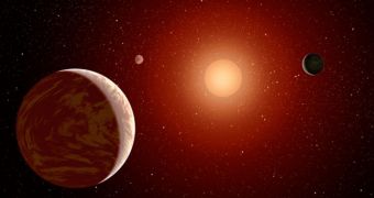 Rendition showing exoplanets moving in front of a red dwarf