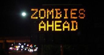 Hacked traffic sign displaying zombie warning
