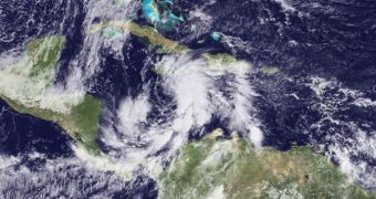 A NOAA image showing tropical storm Tomas en route towards Haiti