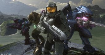 The game's four playable characters; Master Chief in the middle