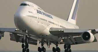 An impressive Boeing 747 jumbo-jet, during landing procedures