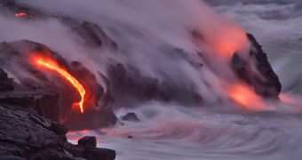 Lava flow melting in the ocean waves