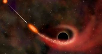 Artist's impression of a black hole eating a star. The event horizon may be producing Hawking radiation