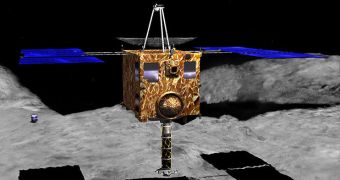 Artist's rendition of Hayabusa around its target asteroid