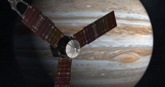 This rendition shows the Juno spacecraft in orbit around Jupiter