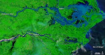 This Terra MODIS image shows deadly floods in India