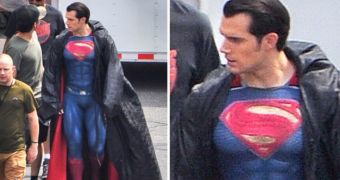 Henry Cavill in the Superman suit on the set of “Batman V. Superman: Dawn of Justice”