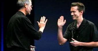 Steve Jobs and Scott Forstall (right) sharing a stage for one of Apple's iconic keynote presentations