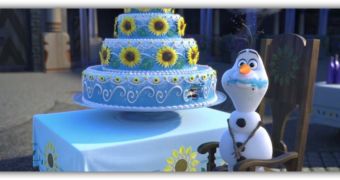 Olaf the snowman can't help himself around Anna's birthday cake in “Frozen Fever”