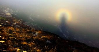 The Brocken specter effects is caught on camera in the Chatyr-Dag mountains, in Ukraine
