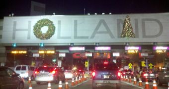The Holland tunnel is decorated for Christmas